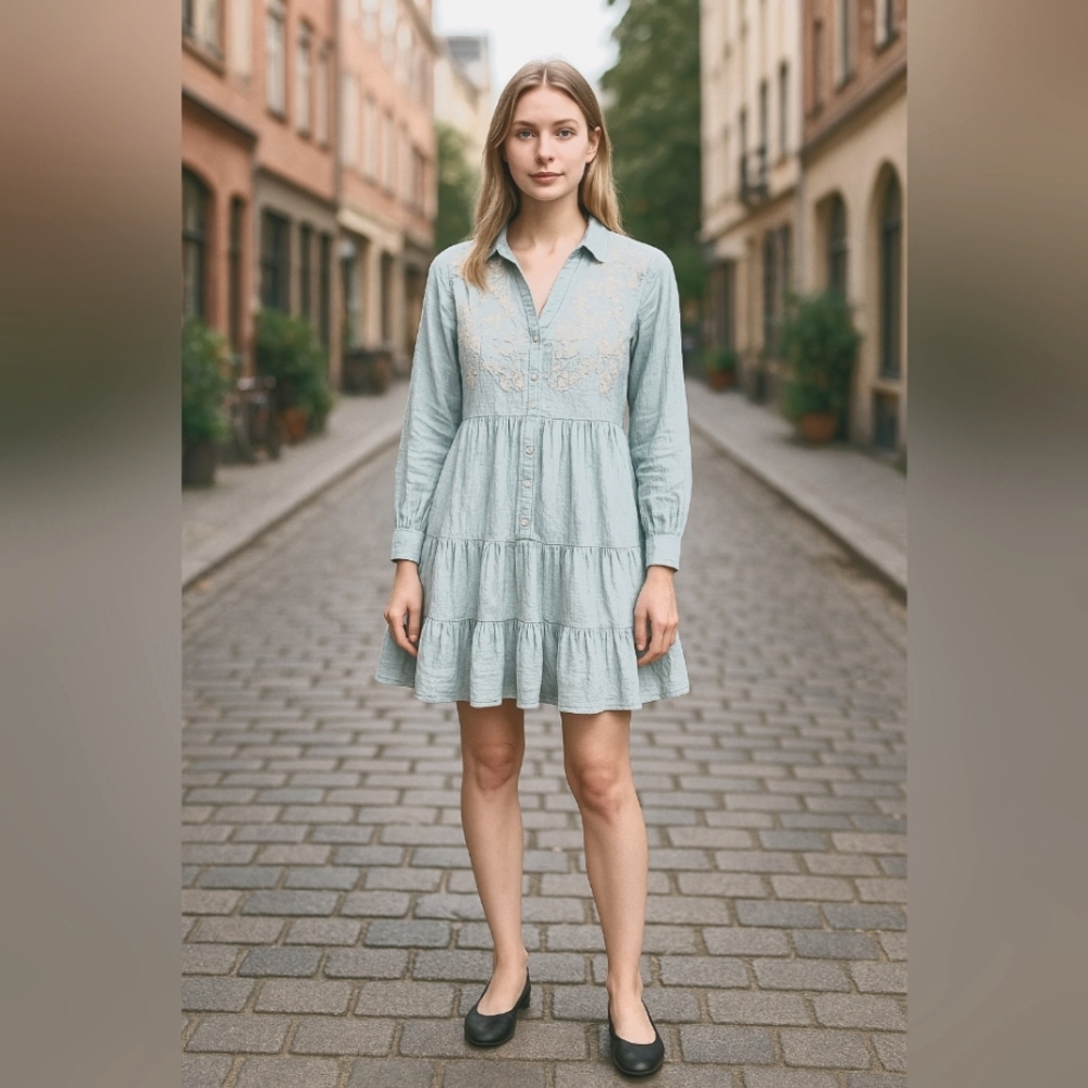 Zara Women's Embroidered Mini Dress Light Blue Collared Long Sleeve Size XS